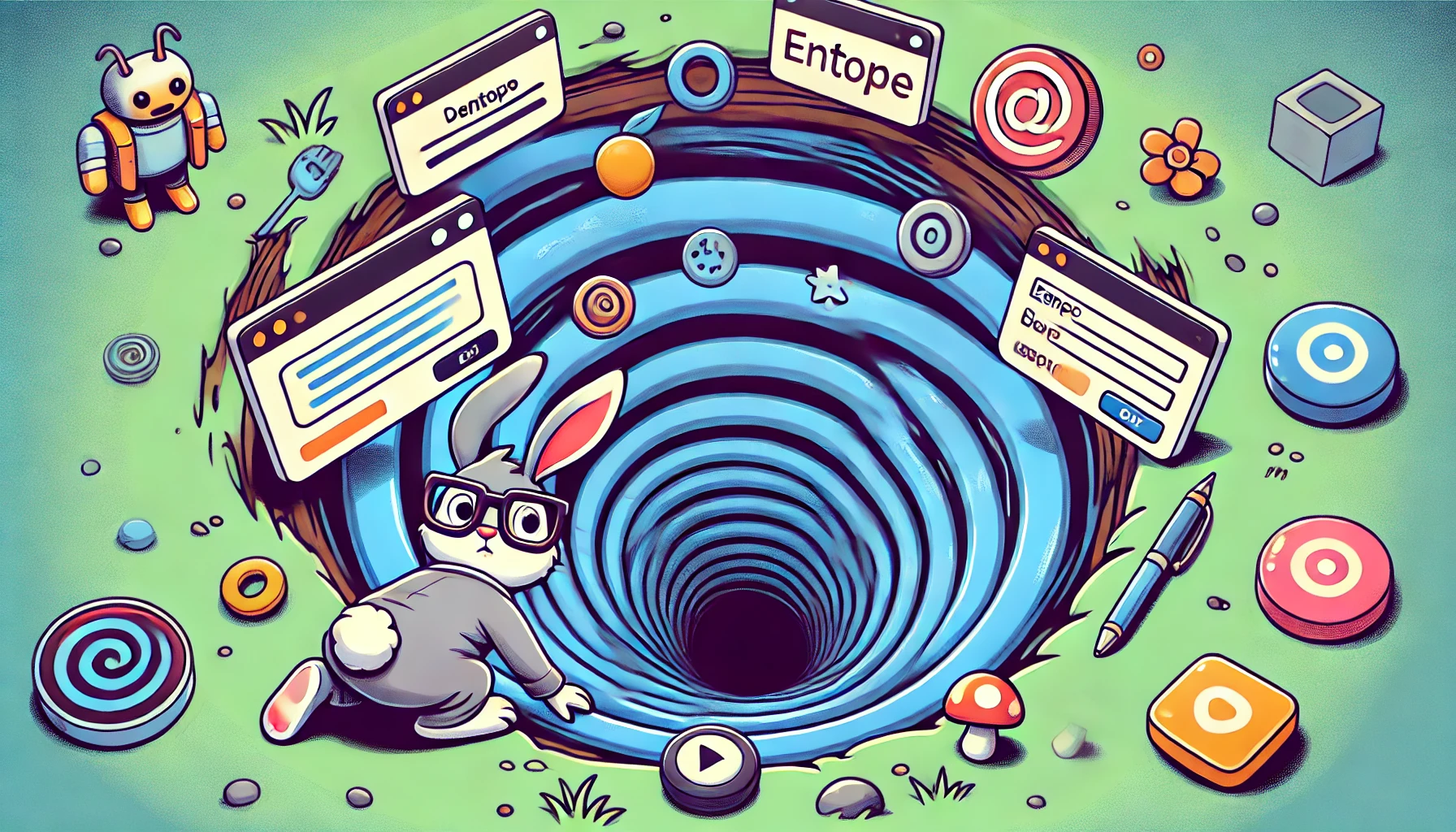 A nerd rabbit looking down an spiraling hole full of UI components
